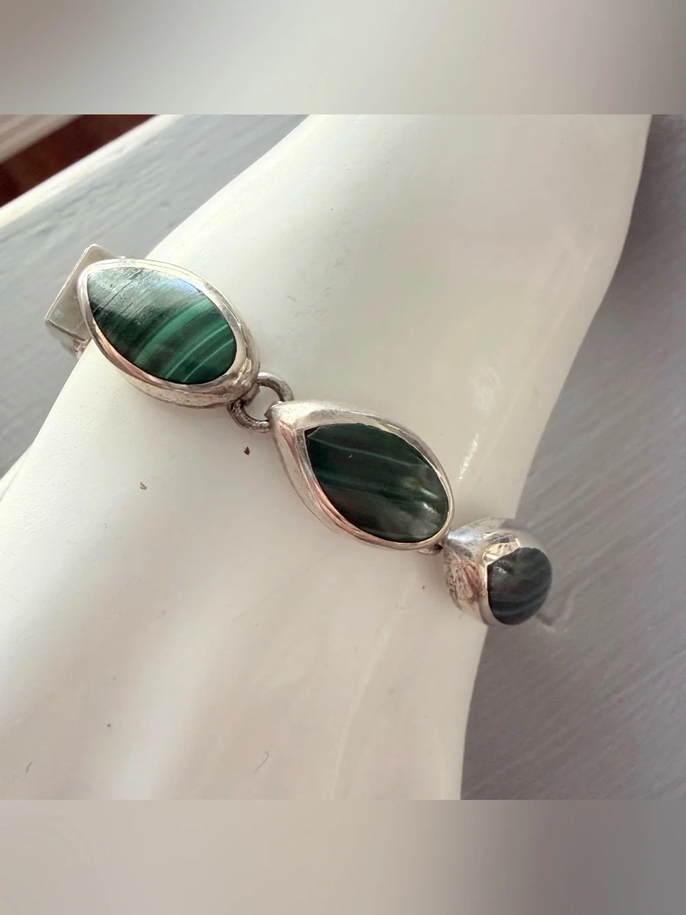 Taxco Mexico Malachite Stone Sterling Silver Chunky Bracelet